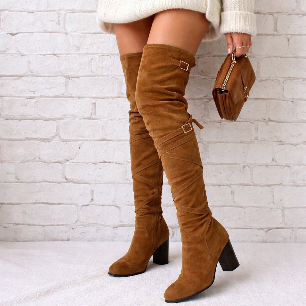 Sam Edelman Women's 8 Suede Sable Heel Strappy Over the Knee Tall Boots